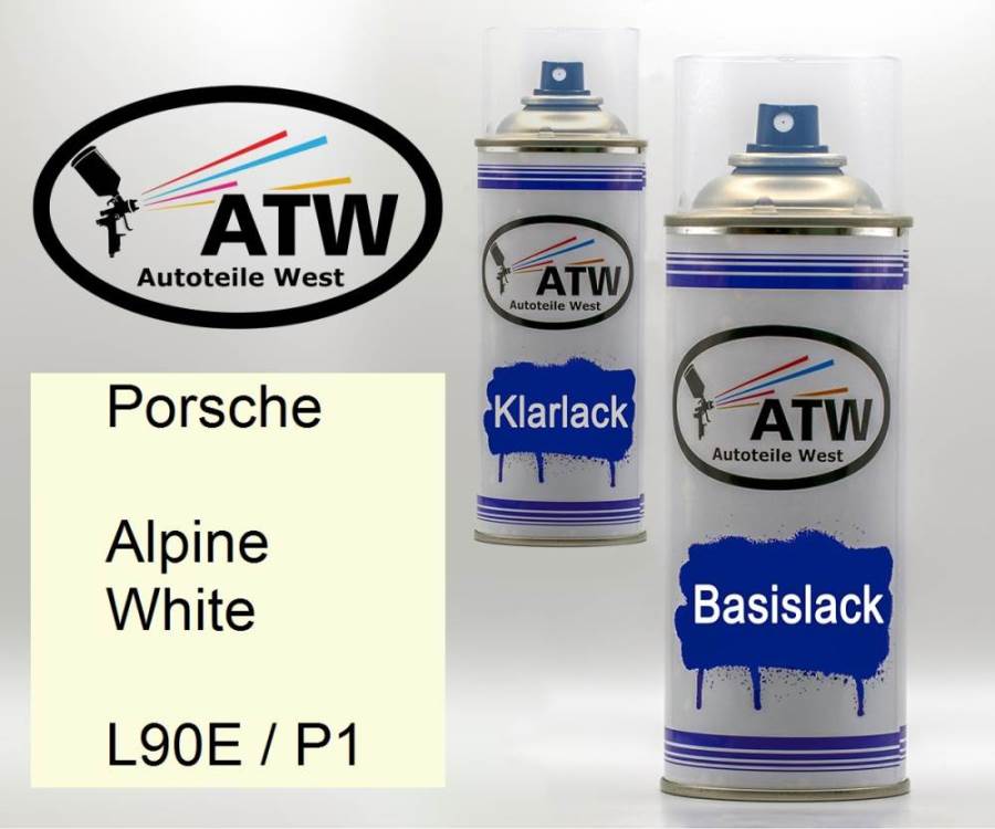 Porsche, Alpine White, L90E / P1: 400ml Sprühdose + 400ml Klarlack - Set, von ATW Autoteile West.
